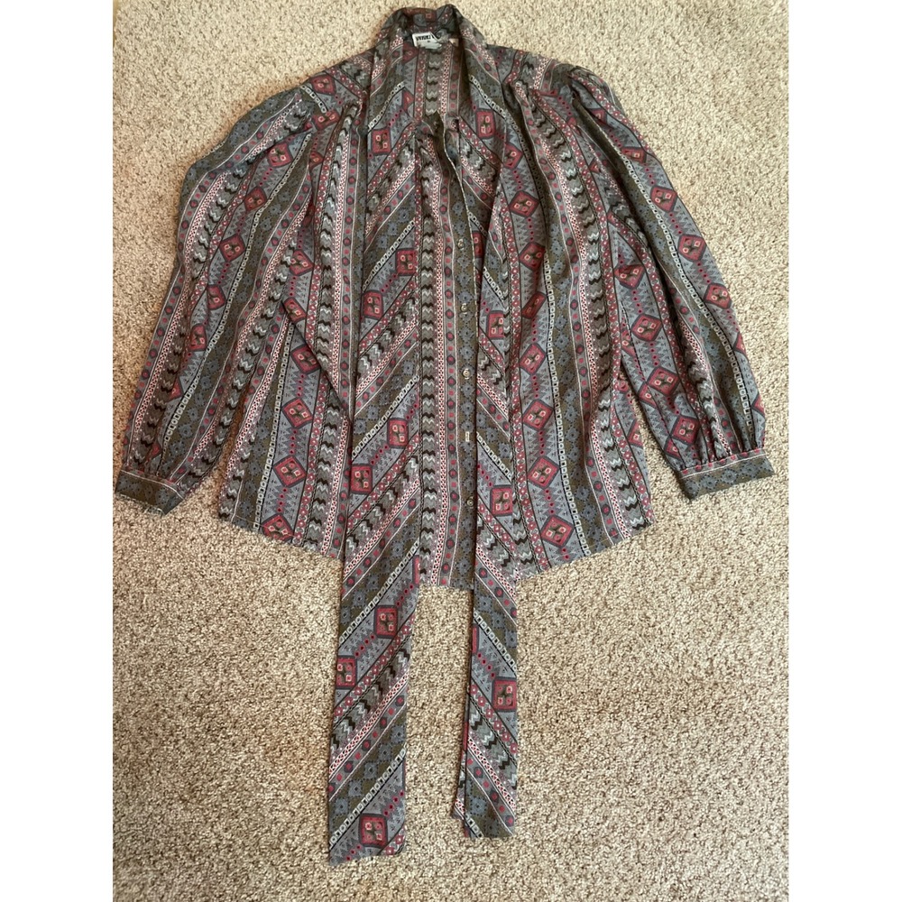 Vintage Contessa Monique Women Blouse 16 Aztec Geometric Stripe Tie Nec